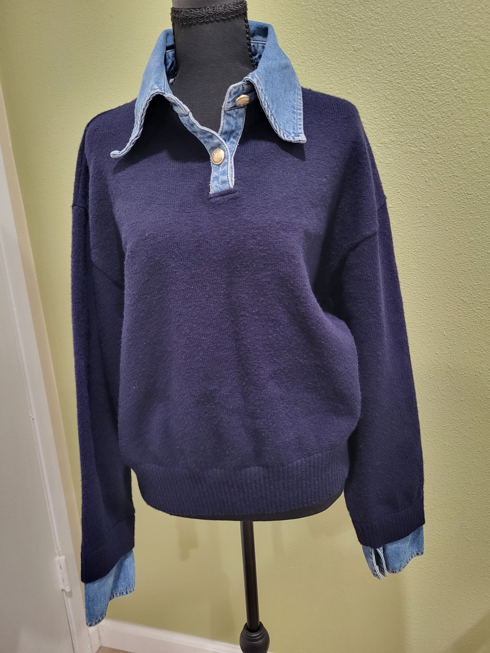 Commense "Courtney" Navy Knit Sweater with Denim Trim. Size Medium. - Picture 4 of 9